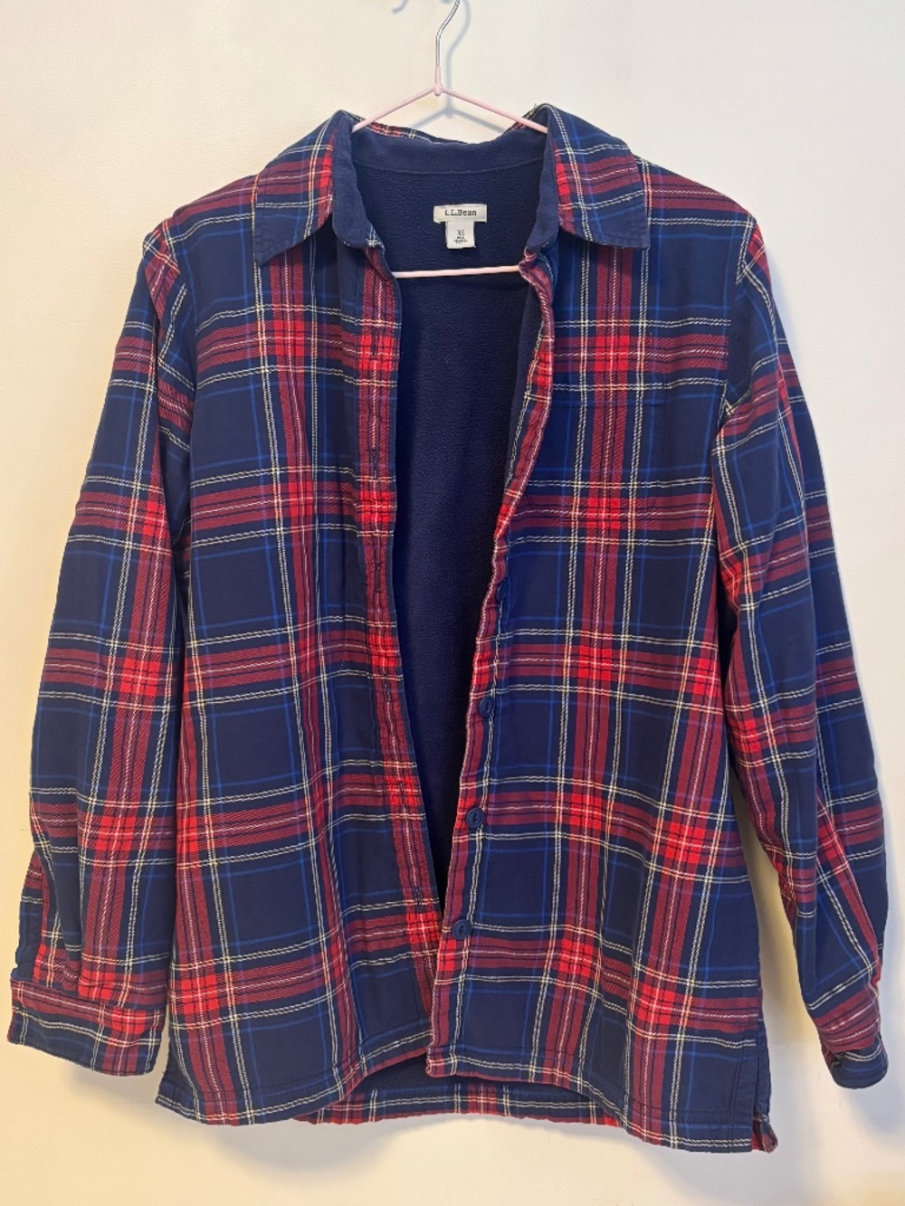 L.L.Bean Cotton Fleece Lined Button Shirt Jacket Red Blue Tartan Plaid Womens XS